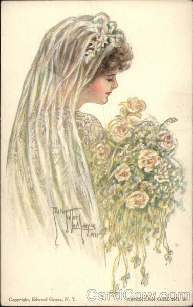 American Girl - Bride in Veil with Bouquet Marriage &amp;amp; Wedding | vintage postcards