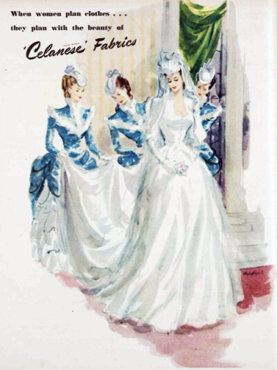 Vintage wedding scene: When women plan clothes … they plan with the beauty of ‘Celanese’ fabrics. From 1951, with bridal party done up 1870s style.