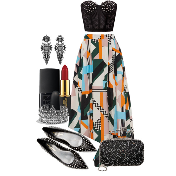 A fashion look from August 2014 featuring MSGM skirts, Yves Saint Laurent flats and LYDC clutches. Browse and shop related looks.