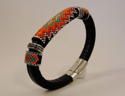 Sunset Seed Beaded Licorice Leather Bangle by Calisi on Etsy