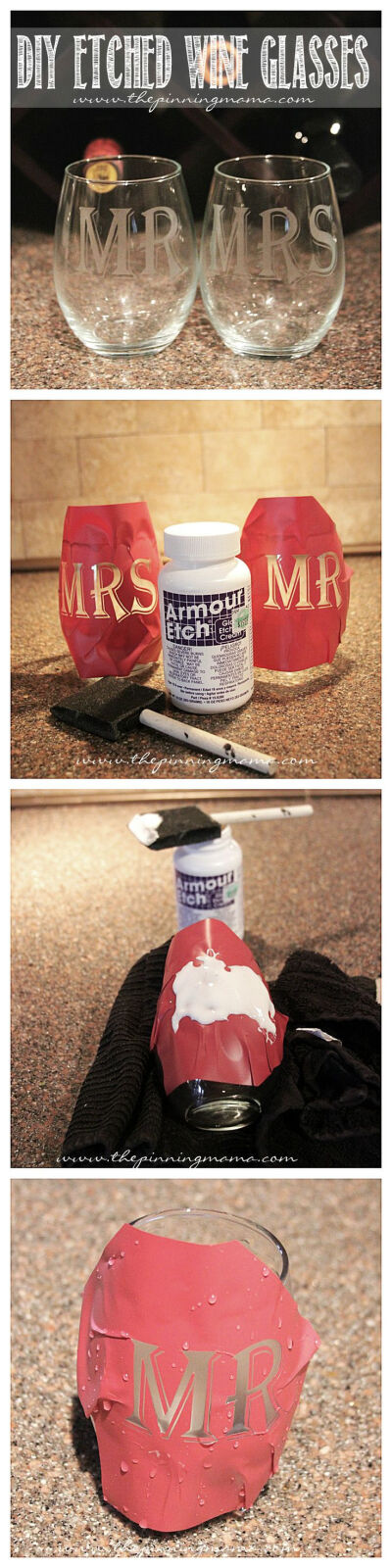 Cute and easy! Perfect for a DIY wedding gift, valentines gift for women or men, birthday or Christmas gift! Who would want a set of these adorable glasses?! How to Make Etched Wine Glasses- makes a…