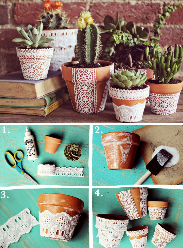 DIY pretty lace flower pots