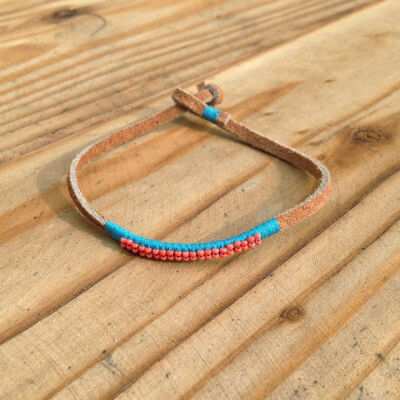 Turquoise and Coral Leather Bracelet