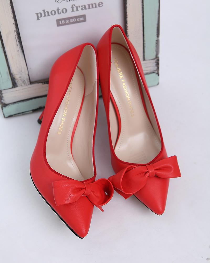 卡卡妮亚 欧洲站女鞋大牌尖头高跟鞋细跟蝴蝶结浅口单鞋红色婚鞋