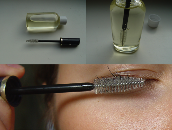 Wash an old mascara or nail polish container and fill with: 1/4 of the container with Castor Oil 1/2 Vitamin E Oil 1/4 Aloe Vera Gel Mix the concoction together as well as you can with your mascara wand, and apply a light layer to lashes every night before bed. Castor oil thickens your lashes while