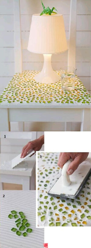 DIY table top with mosaic tiles -- for the atrium?? I really want to do something with mosaic tiles back there. I have a lot of these in my &amp;quot;garden&amp;quot; Pinterest board as well. Fun project? (or go to Etsy &amp;amp; pay for a really nice professional one?)