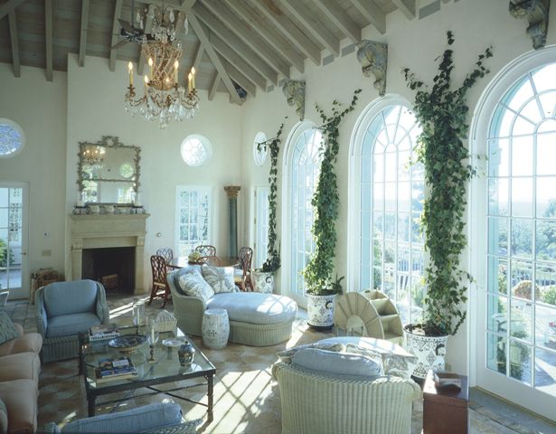 blue and white porch decor in Connecticut ~ Bunny Williams design