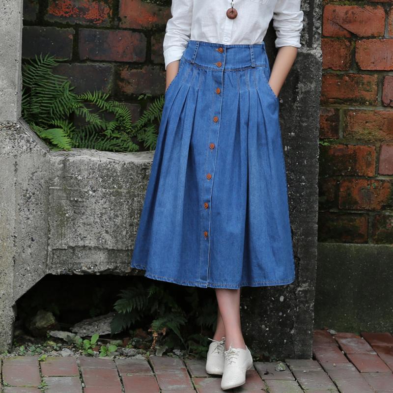 红念 文艺牛仔裙半身长裙 秋装棉半身裙子大摆A字裙女装