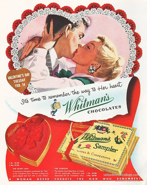 Chocolate (claimed this yesteryear Whitman's ad), the way to a woman's heart :) #vintage #ad #chocolates #food #Valentines #1950s #fifties