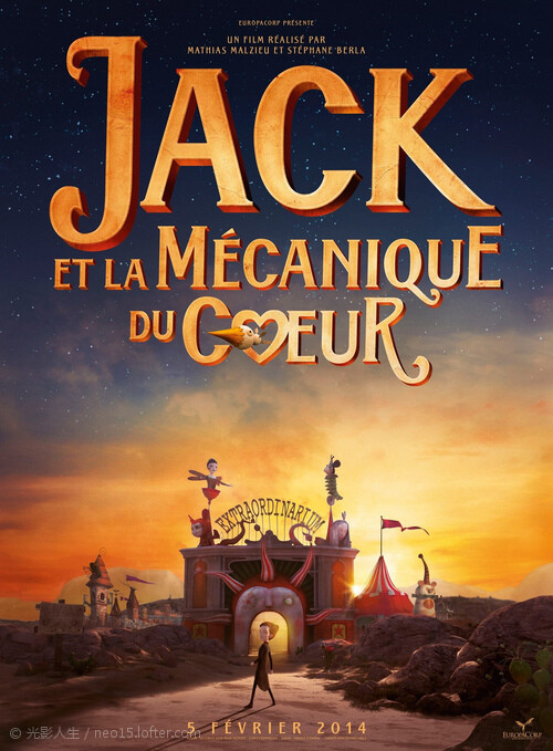 Jack et la mécanique du coeur     机械心 假日的第二天，我被这样一部法国动画作品迷住了， 不管作者被评价为法国的蒂姆波顿也好，还是动画中的哥特风格，或者面对爱情时，剧中男主公堂吉诃德似的执着，我被感动了。 世间有多少人不敢再爱了，难道我们都有一颗机械心吗？都害怕那第三条规则？电影结尾的伤感挥之不去，当一切时光凝固后，那忧伤的歌曲hamac of clouds被我循环着，打开窗，吹吹北风，秋天就是伤感的，也是美丽的，给那些同样拥有一颗敏感的心的生命，这是我爱这世界的最好理由。