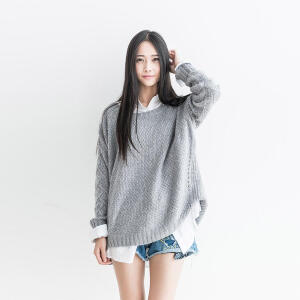 小秋同学  M533韩版时尚文艺复古麻花宽松开叉兔毛套头毛衣