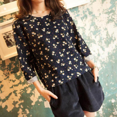 甜美学院风碎花打底上衣 秋冬森女系圆领宽松百搭休闲T恤C431