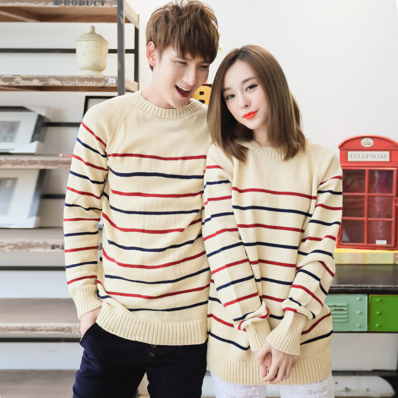 秋冬装韩版情侣毛衣彩色条纹毛衫学院风复古线衫情侣装针织衫