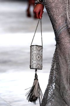 Roberto Cavalli 2014 details: silver grey gray gown &amp;amp; vertical tasseled evening bag clutch