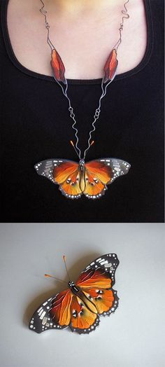 Brooch necklace | Jolanta Bromke. 930 silver and natural leather, hand painted with water and abrasion resistant paint. || The pendant butterfly can be removed and worn separately as a brooch.