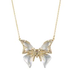 Jardin Mystère Butterfly Necklace | Alexis Bittar - Textured Gold Tone frames Hand Carved and Hand Painted Lucite, Mother of Pearl and White Quartz Doublet and Pave Crystals to form the centerpiece of this pendant necklace.