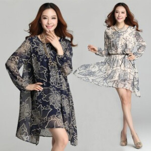 秋季新款大码女装韩版印花高腰长袖连衣裙宽松胖MM雪纺长裙潮