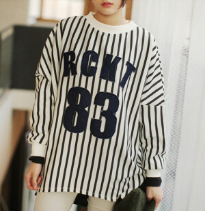 秋装新款韩版 时尚休闲运动 大码女装 条纹字母棒球服百搭T恤