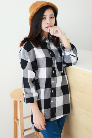 新款韩版修身大码BF风黑白格子百搭衬衫学院风宽松纯棉长袖衬衣秋