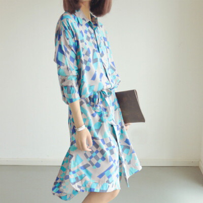 新款韩版连衣裙 几何图案品质裙子 宽松显瘦中长款长袖裙LZZ0915
