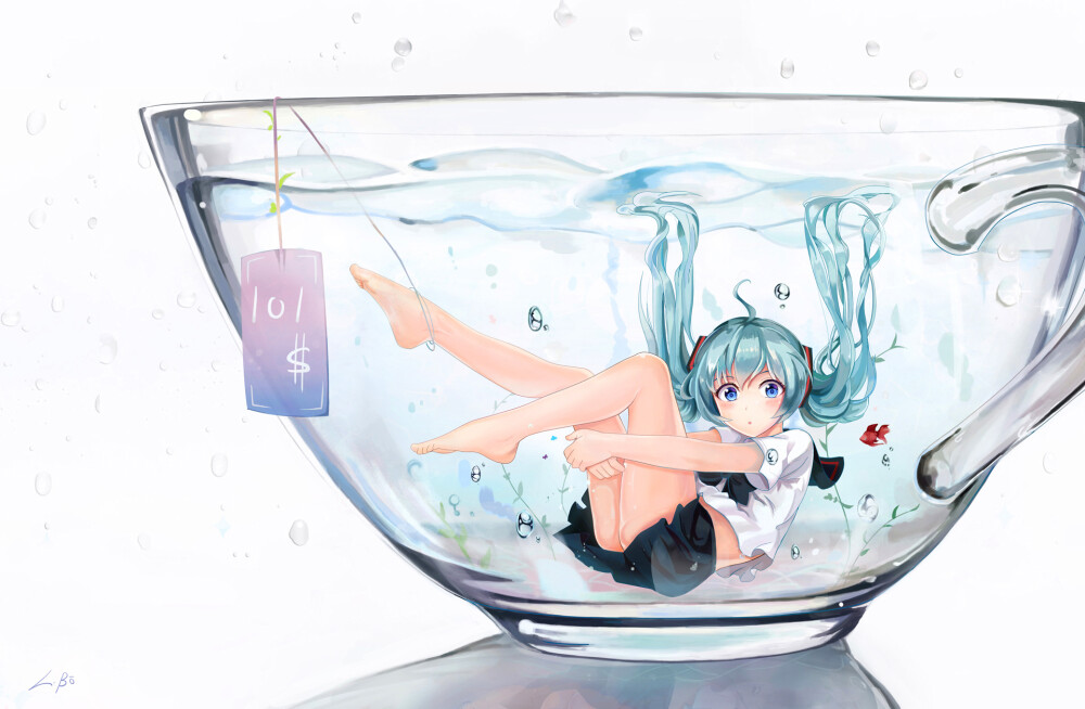 カップ初音 | L·βō [pixiv] http://www.pixiv.net/member_illust.php?mode=medium&amp;amp;illust_id=45874372 中国語注意:作画灵感是白夜ReKi的里表和ANMI的一张TEABAG那得来的(中途很多地方都参照了原画修改过），也配合水初音的设定。所以这样画列，由线稿到色搞拖了很久呀，好懒，也不愿意太深入画，呜呜呜~~所以请以初音爱好者喜欢这张画~