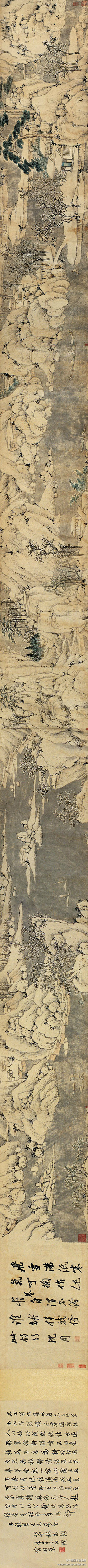 #明四家#【 明 沈周 《雪景山水图》 】卷，纸本设色，441.7×25cm，台北故宫藏。此图融入了北方山峦雄阔之势，积叠的山石多尖峻的棱角，显得坚硬凝重，坡岸、平台亦转折尖直，棱角分明，其质地多呈北方石山的特征，无疑增添了山川的雄健宏阔气势。善于运用表现江南山水的披麻皴、点苔和水墨渲染等技法，