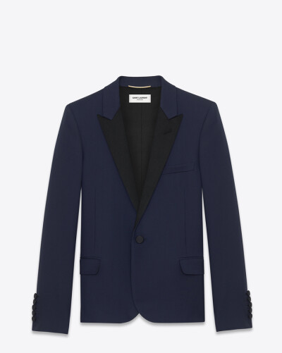 saintlaurent, Iconic Le Smoking Cropped Jacket in Navy Blue Grain de Poudre Textured Wool