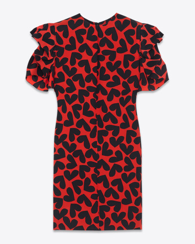 saintlaurent, Voluminous Sleeve Tube Dress in Red and Black Abstract Hearts Printed Silk CRÊPE