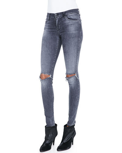 T8HRW J Brand Jeans Mid-Rise Distressed Skinny Jeans, Nemesis