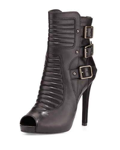 X284E Ash April Stiletto Leather Buckle Bootie, Black