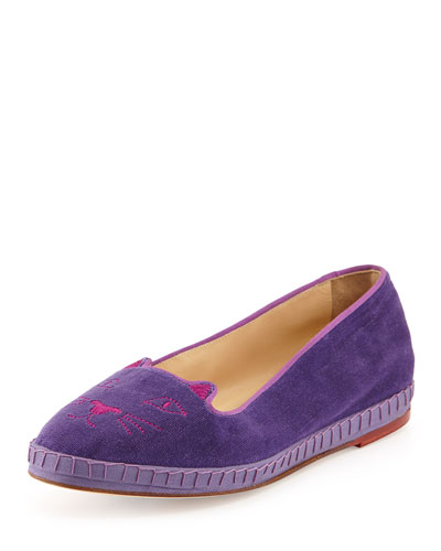 X25GZ Charlotte Olympia Capri Cats Velvet Slipper, Purple