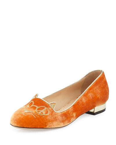 X29Y7 Charlotte Olympia Hippy Kitty Velvet Slipper, Orange