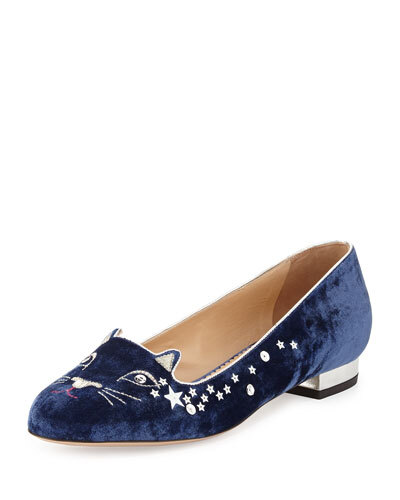 X29Y9 Charlotte Olympia Party Kitty Sequin Velvet Slipper, Navy