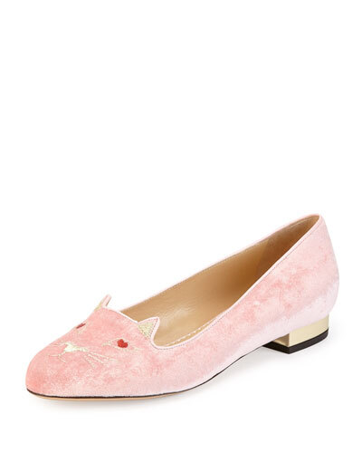 X29YB Charlotte Olympia Lovestruck Kitty Velvet Slipper, Pink