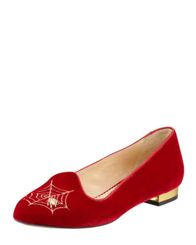 X1QV9 Charlotte Olympia Charlotte's Web Embroidered Velvet Slipper, Red