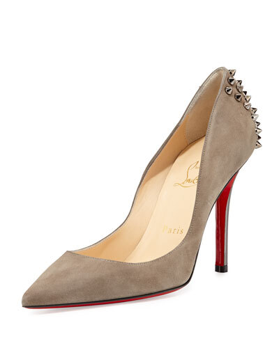 X2AE2 Christian Louboutin Zappa Suede Spiked Red Sole Pump, Cendre/Gunmetal