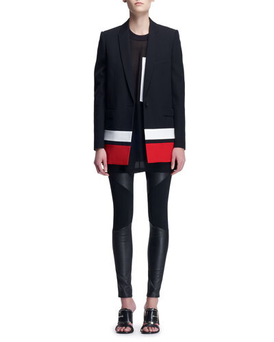 -5261 Givenchy Striped-Border Boyfriend Jacket, Sheer Oversized Snap-Pocket Tee &amp;amp; Leather-Paneled Punto Milano Leggings