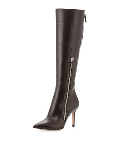 X26T3 Gianvito Rossi Leather Side-Zip Knee Boot, Dark Brown