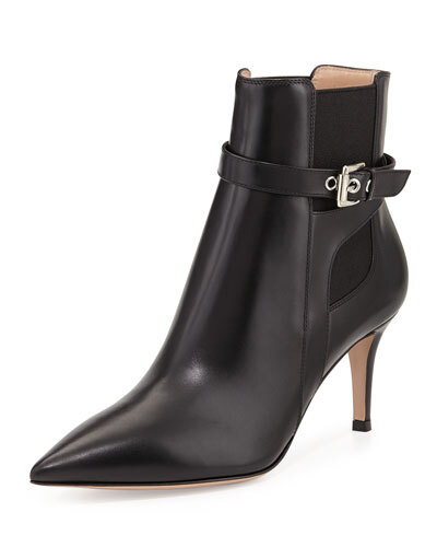 X26S5 Gianvito Rossi Buckled Leather Point-Toe Bootie, Black