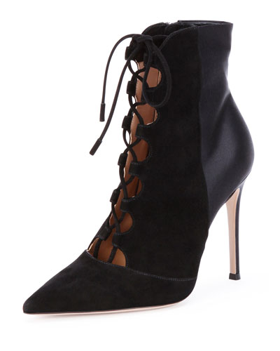 X26NR Gianvito Rossi Suede Lace-Up Ankle Bootie, Black