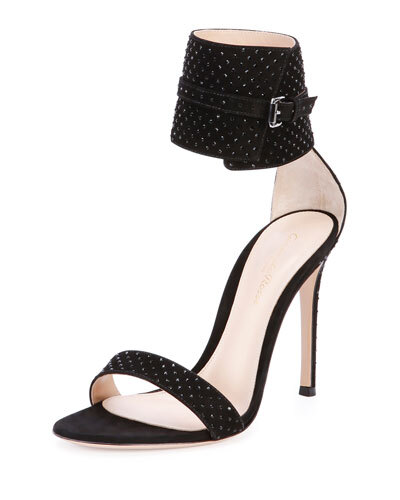 X26MX Gianvito Rossi Suede &amp;amp; Crystal Ankle-Wrap Sandal, Black