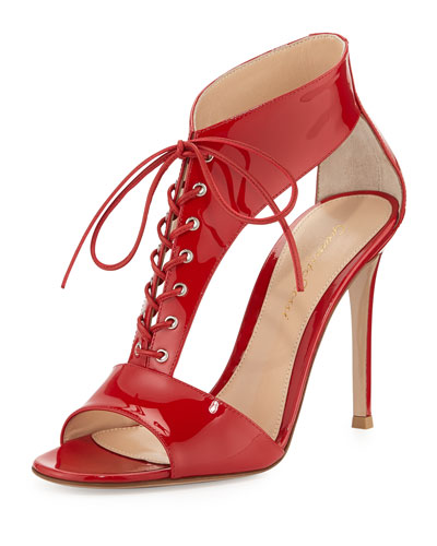 X26NV Gianvito Rossi T-Strap Patent Lace-Up Sandal, Red