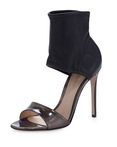 X26NK Gianvito Rossi Glove-Ankle Sandal with Iridescent Leather, Black/Silver