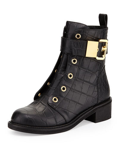 X28YX Giuseppe Zanotti Croc-Embossed Leather Moto Boot, Nero