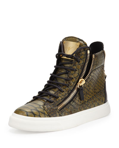 X22S2 Giuseppe Zanotti Snake-Print Zip High-Top Sneaker, Green