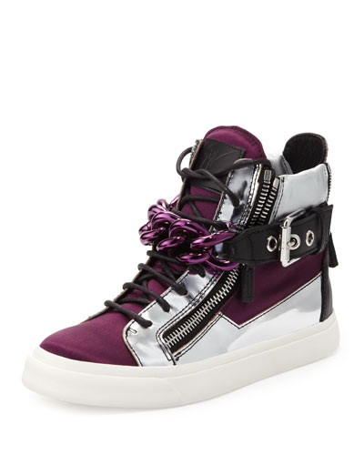 X20KD Giuseppe Zanotti Chain &amp;amp; Zipper Hi-Top Sneaker, Purple