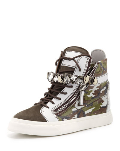 X1XDF Giuseppe Zanotti High-Top Camo Sneaker with Jewel Strap, Gray/Green