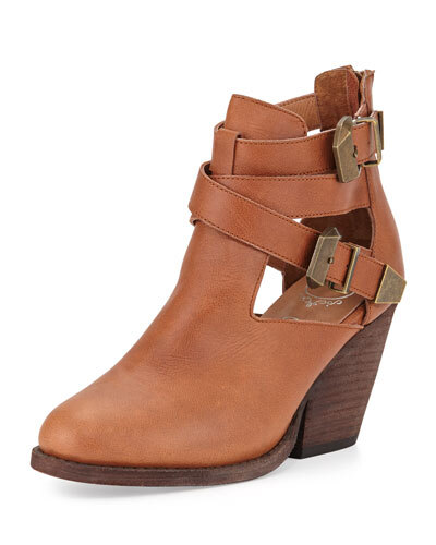 X24T8 Jeffrey Campbell Watson Buckled Cutout Leather Bootie, Tan/Bronze
