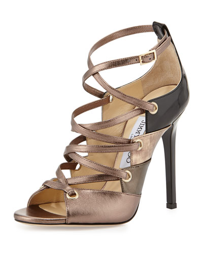 X2AYM Jimmy Choo Linger Leather Lace-Up Sandal, Gold Mix