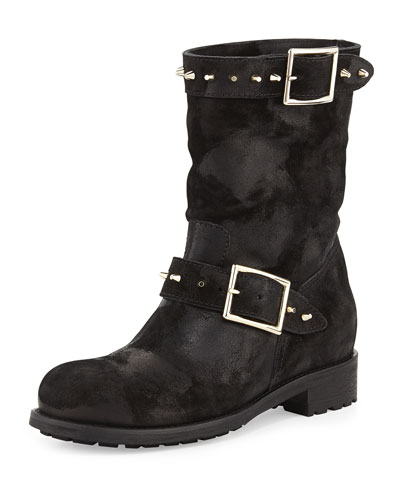 X2AZD Jimmy Choo Dash Studded Suede Biker Boot, Black